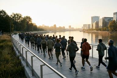 Runners on a riverside path at sunrise
