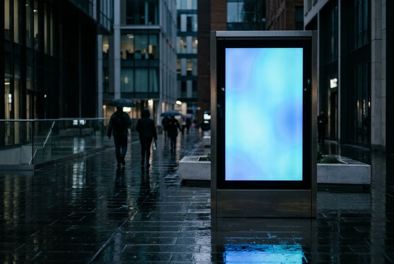 Blank digital screen on a city street at night