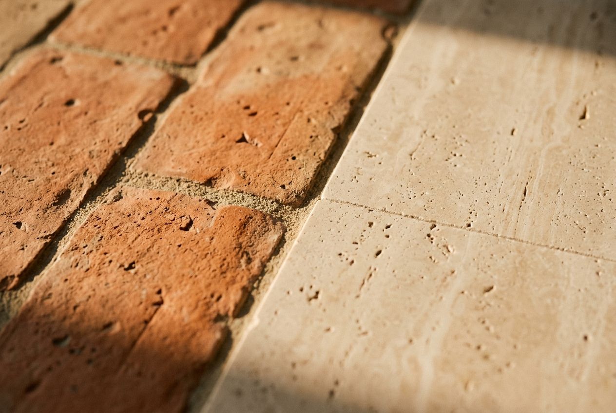 Terracotta tile and travertine detail