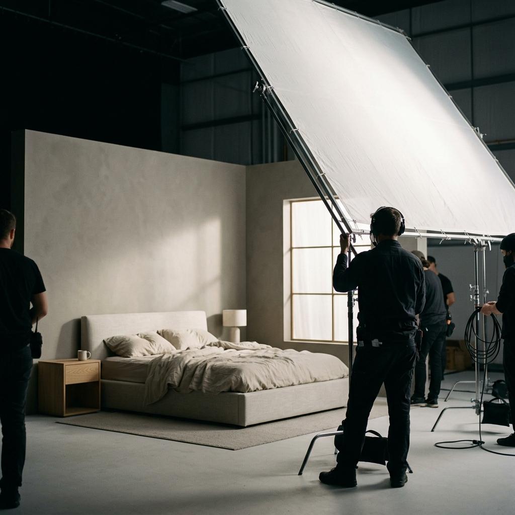Crew lighting a bedroom set