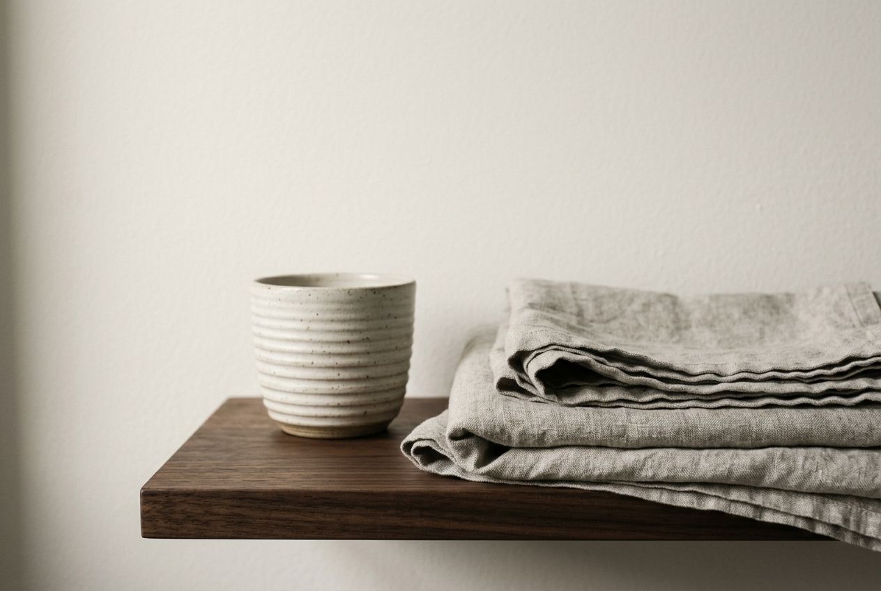 Linen and ceramic on a walnut shelf