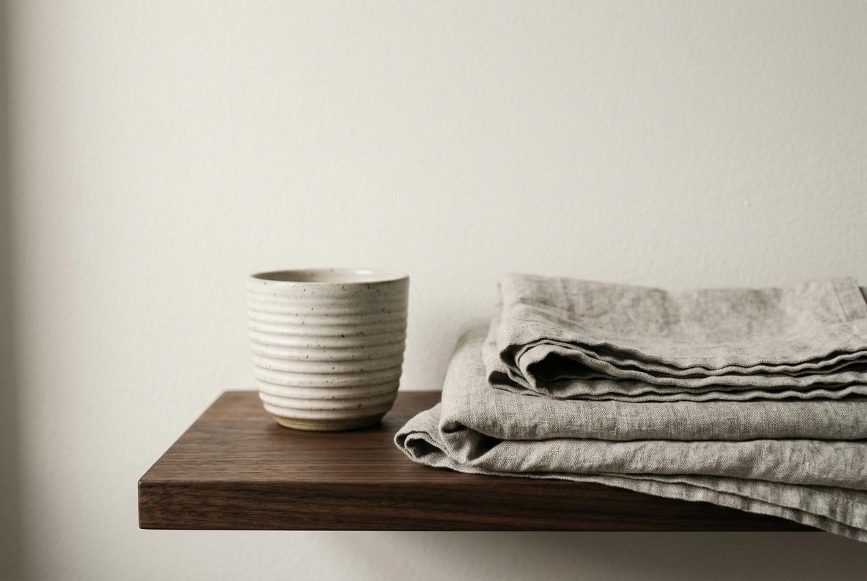 Linen and ceramic on a walnut shelf