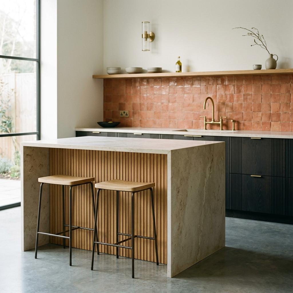 Ruthven Street House kitchen in limestone and fluted oak