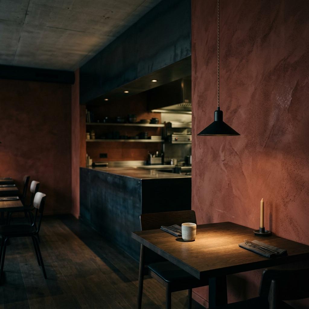 Route three, iron red plaster room with steel counter