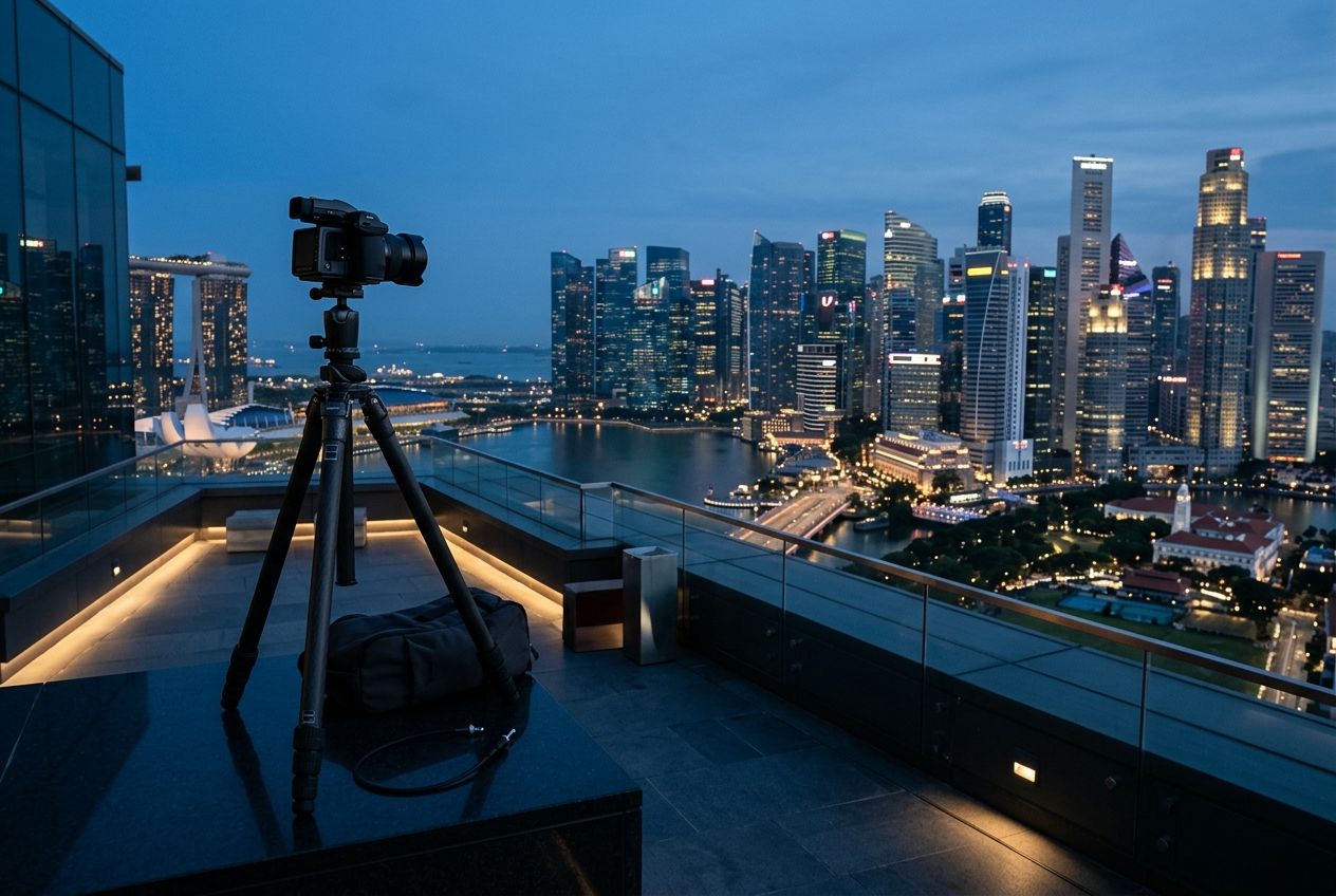 Rooftop with a camera at blue hour