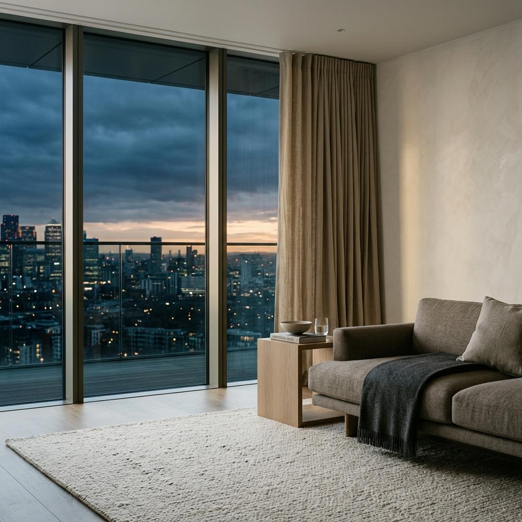 Southbank apartment living room at dusk