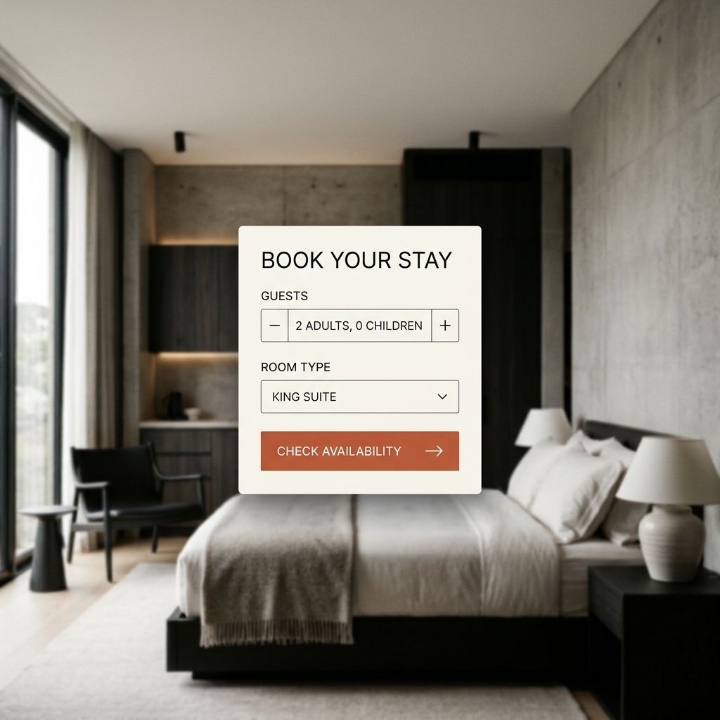 Booking widget over a blurred hotel room