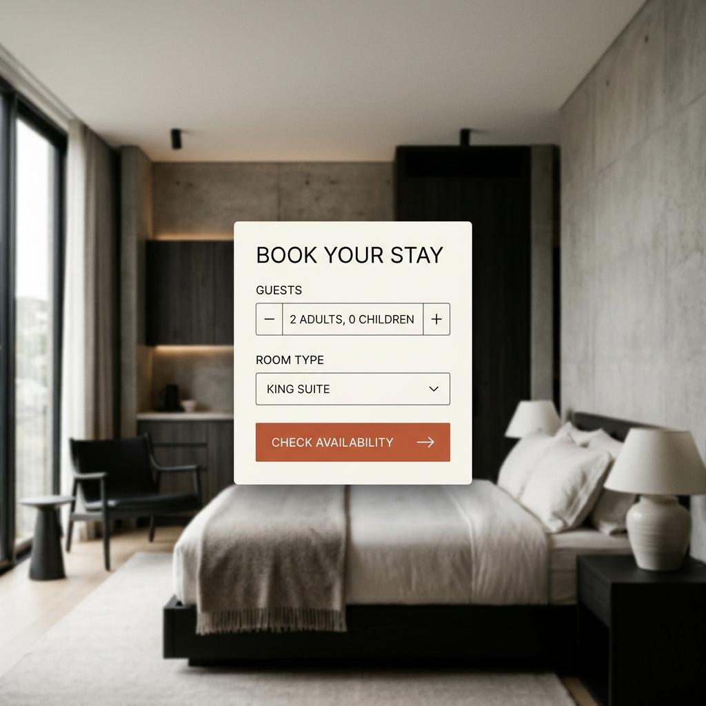 Booking widget over a blurred hotel room