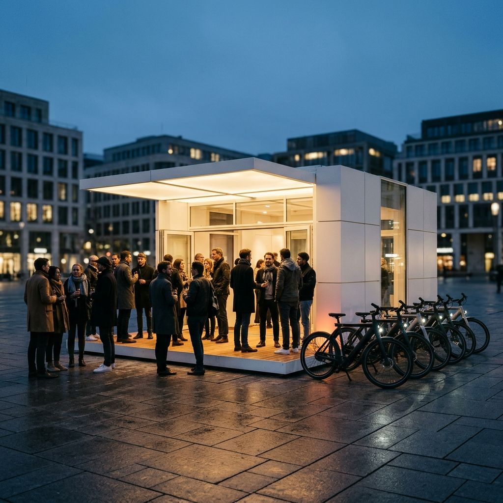 Modular pavilion on a city square at dusk