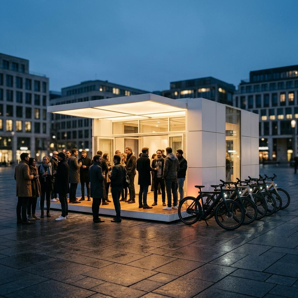 Modular pavilion on a city square at dusk