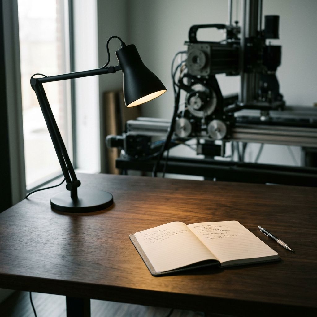Desk lamp on a dark desk