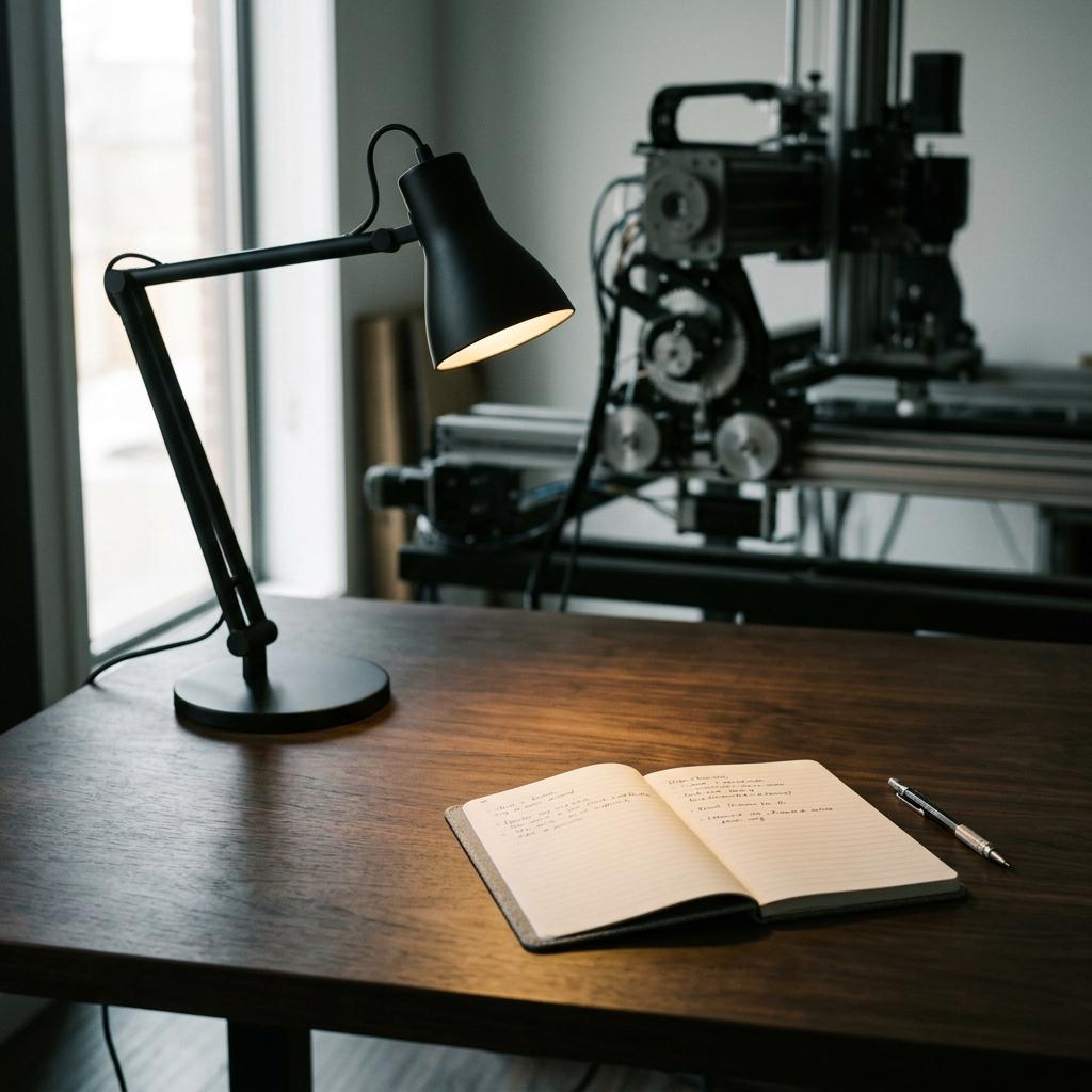 Desk lamp on a dark desk