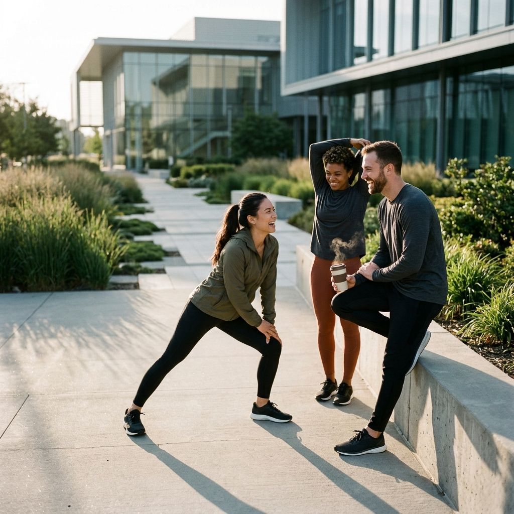 Runners stretching in a park after a morning run