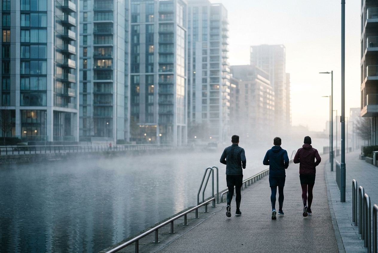 Runners on a canal towpath at dawn