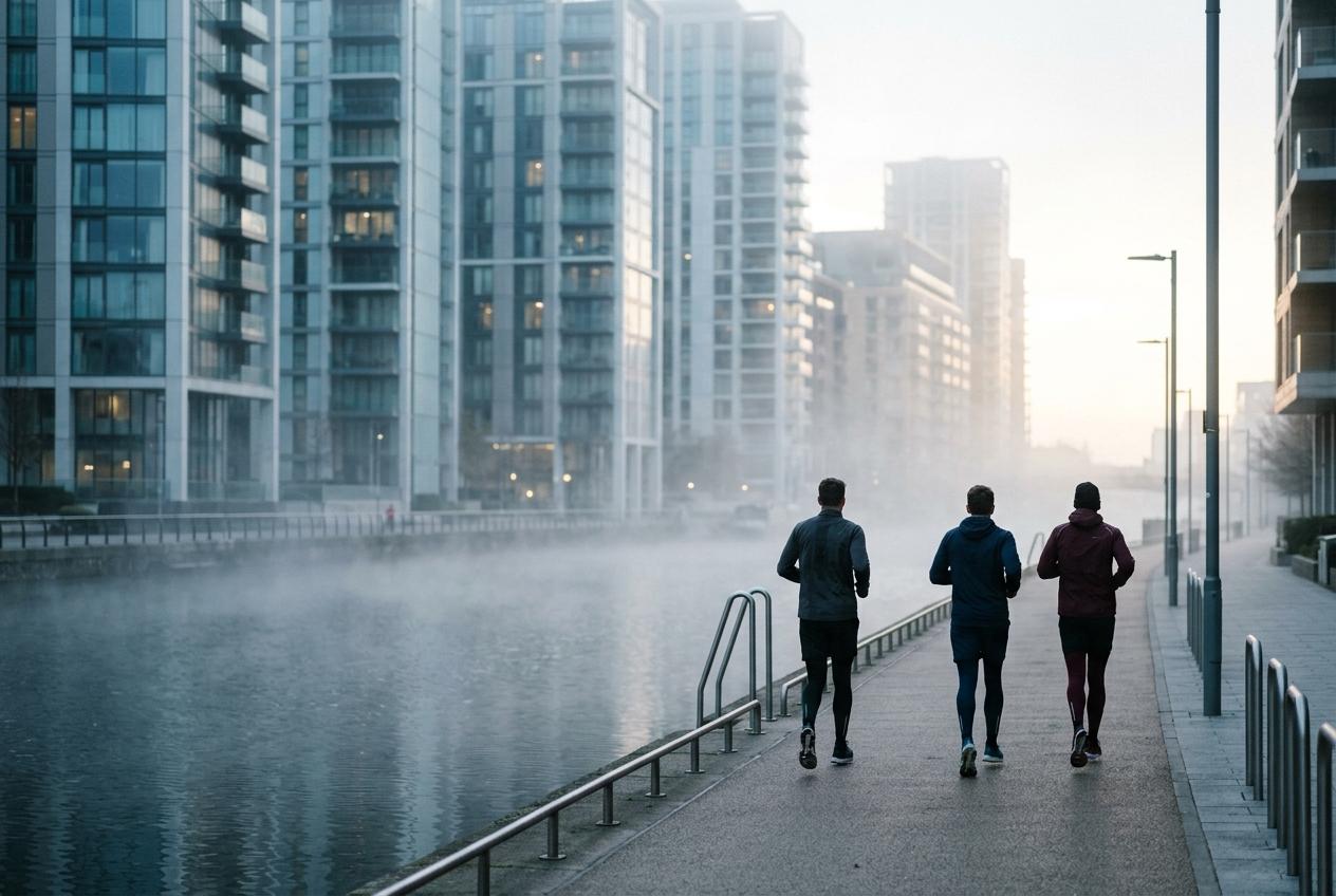 Runners on a canal towpath at dawn