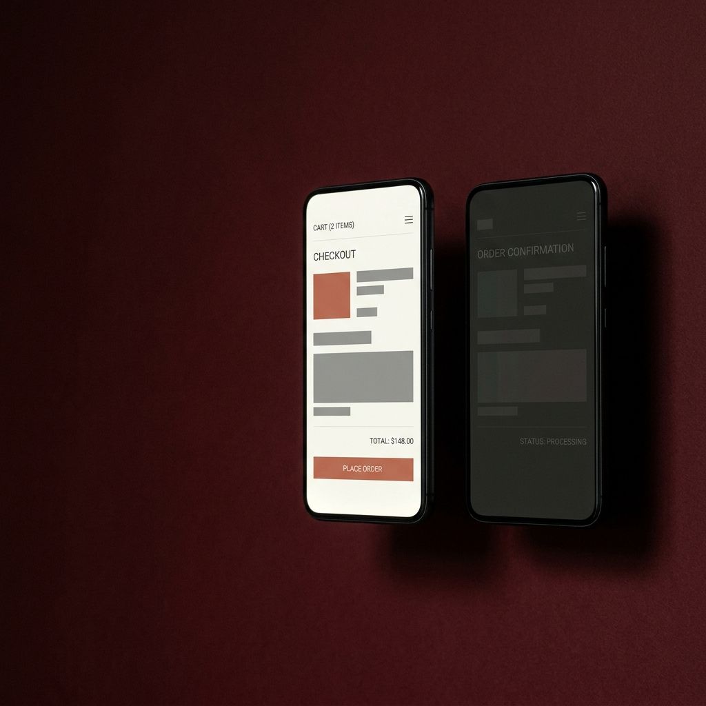 Checkout on two phones, light and dark