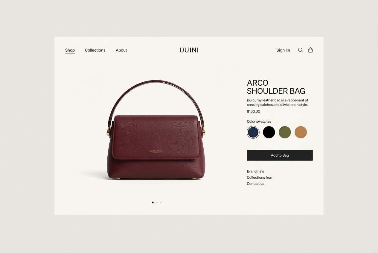 Product page with a 3D handbag viewer