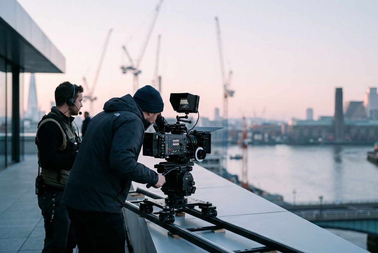 Crew filming on a rooftop at first light