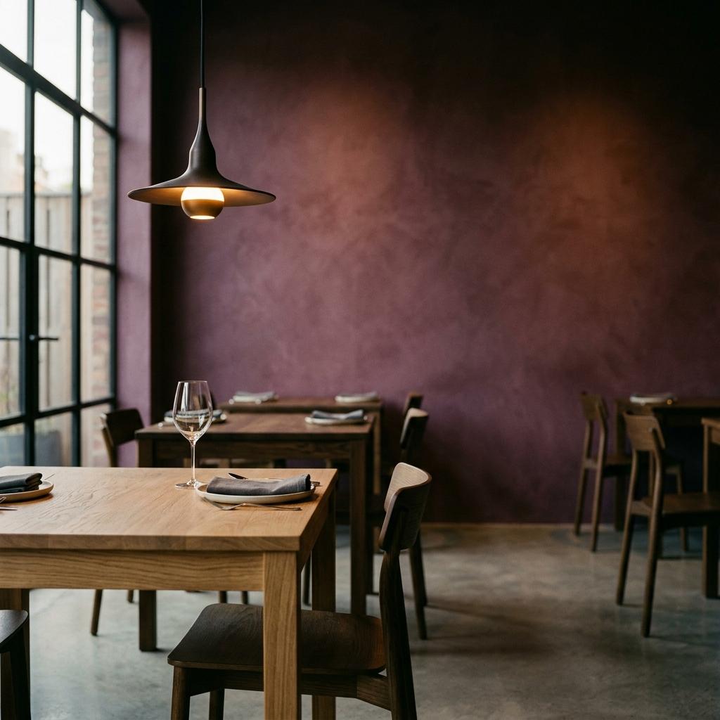 Restaurant with low pendants at evening