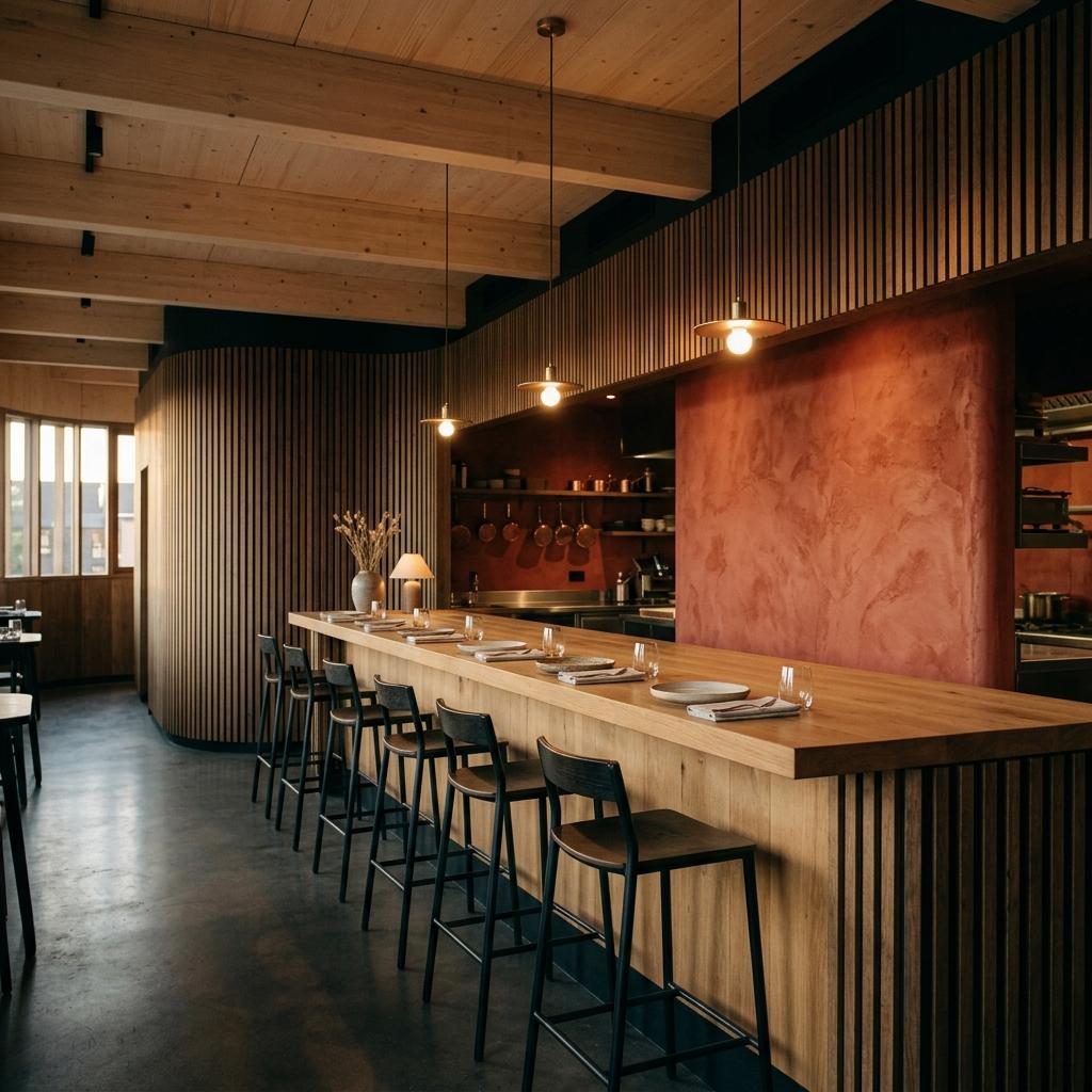 Route one, smoked oak slatted room with red plaster wall