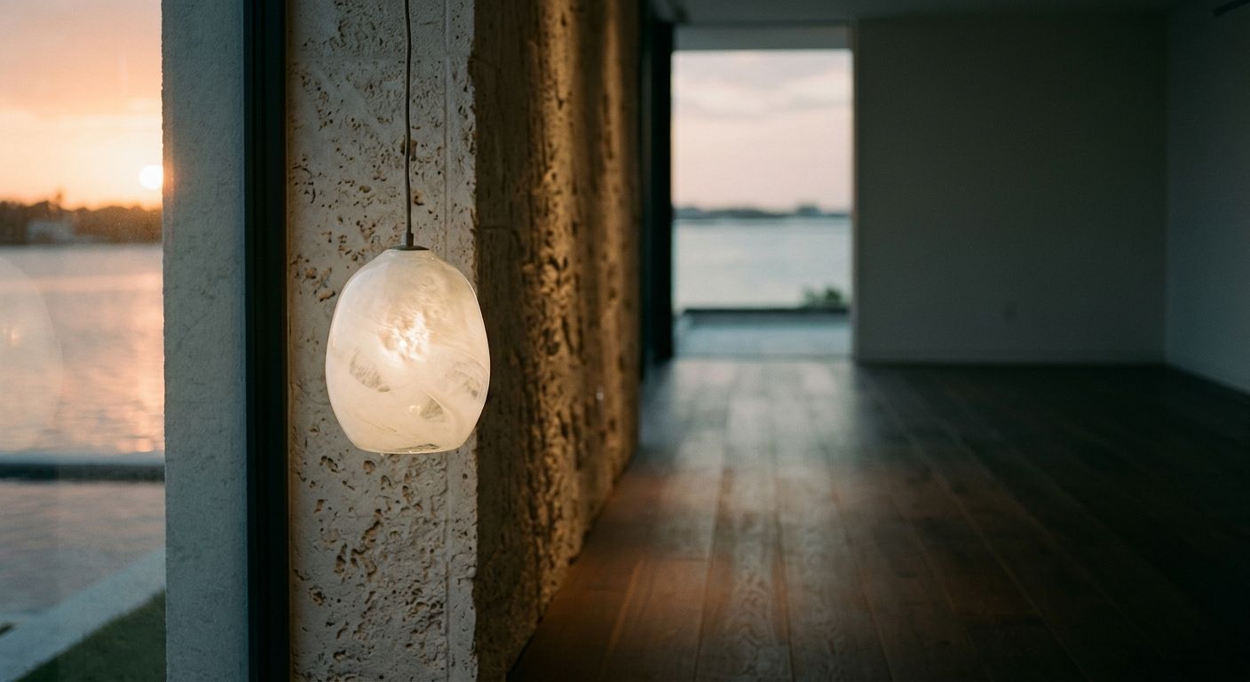 Glass pendant over coral stone