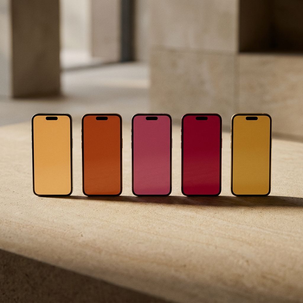 Five phones in a row with different coloured screens