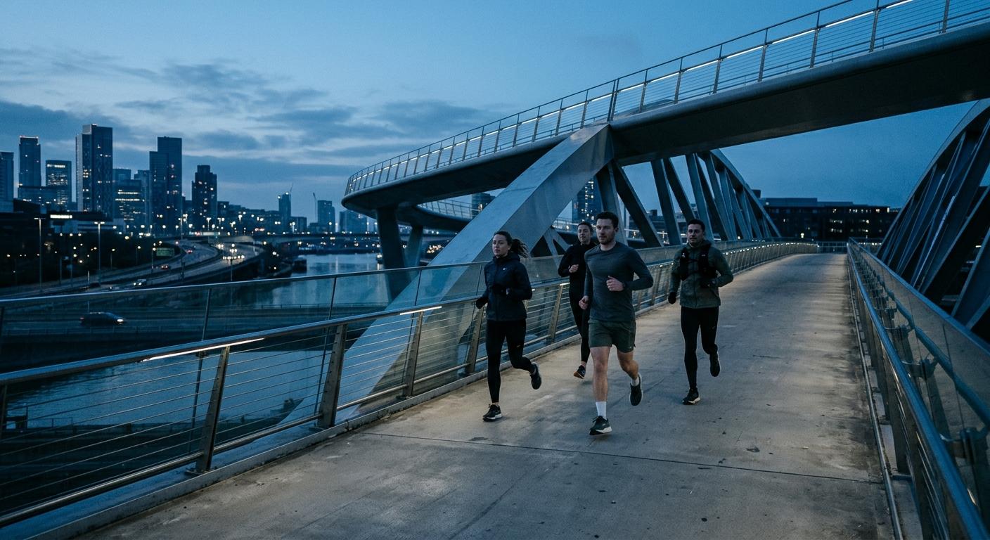 Runners crossing a bridge at dawn
