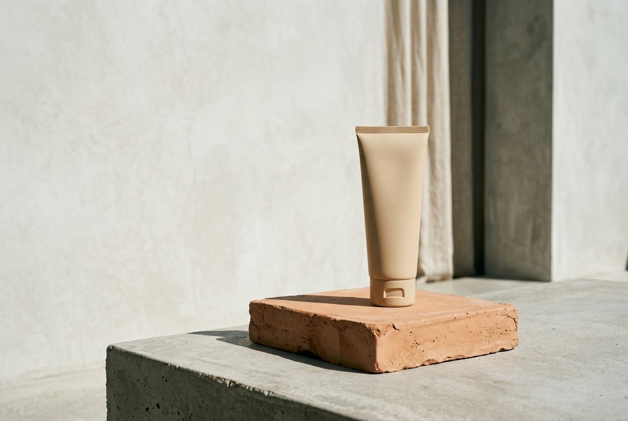 Sunscreen tube on a terracotta plinth