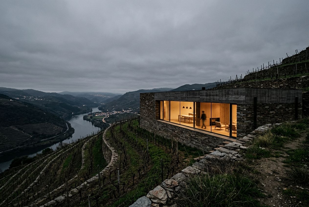 New tasting room set into the vineyard terraces at dusk