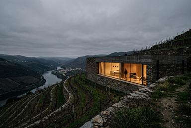 New tasting room set into the vineyard terraces at dusk