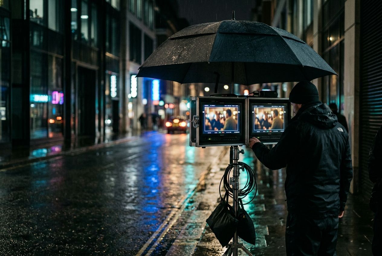 Video village on a street at night
