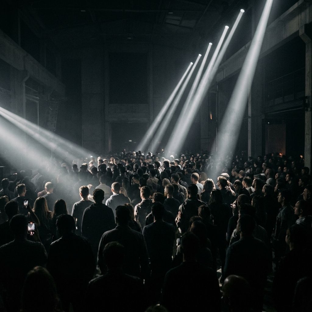 Light beams cutting through haze over a crowd