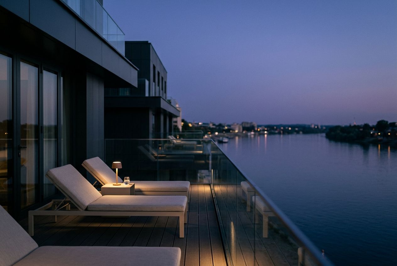 Hotel terrace above a river at dusk