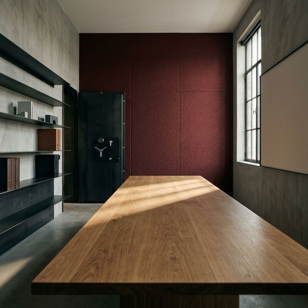Trial war room with oxblood acoustic panels