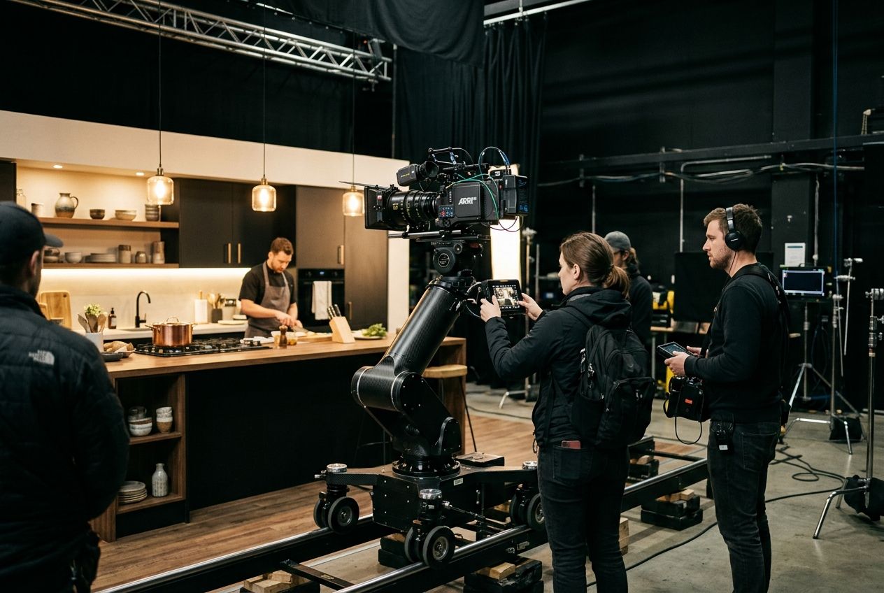 Crew and robot arm on a kitchen set