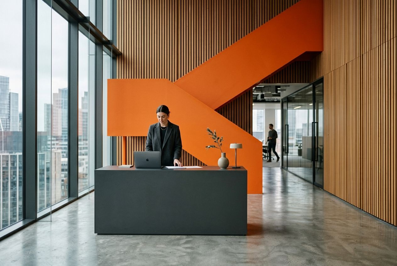 Cedar-lined reception with an orange steel stair on a new tower floor