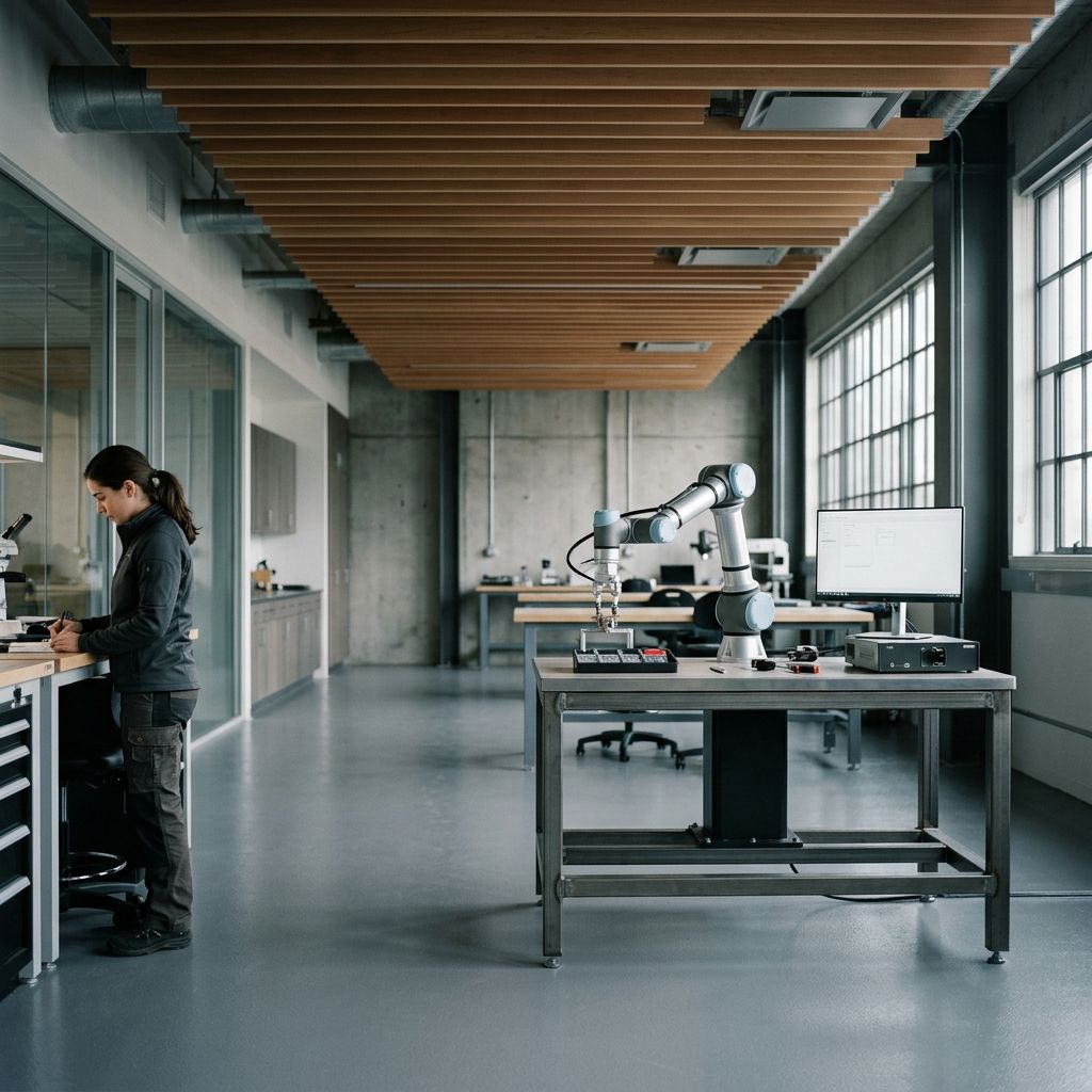 Robotics lab with steel benches and cedar baffles