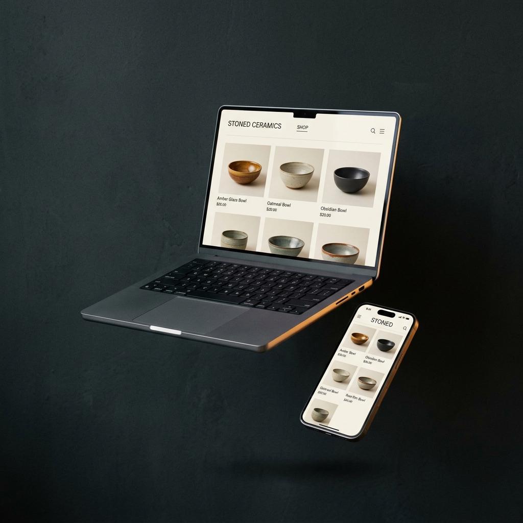 Ceramics storefront on a laptop and phone