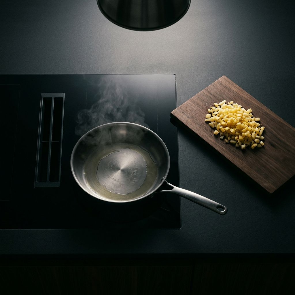 Pan on a cooktop with steam beginning