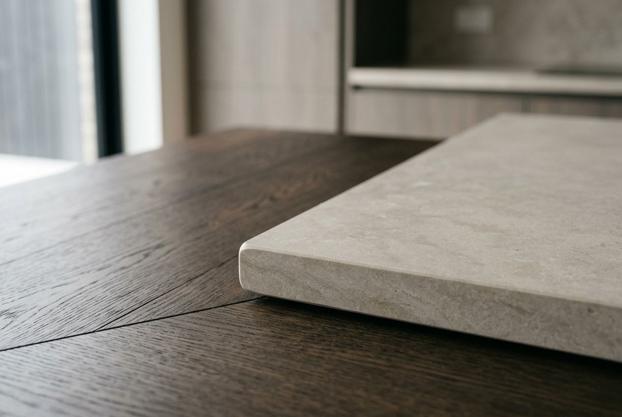 Honed limestone meeting smoked oak