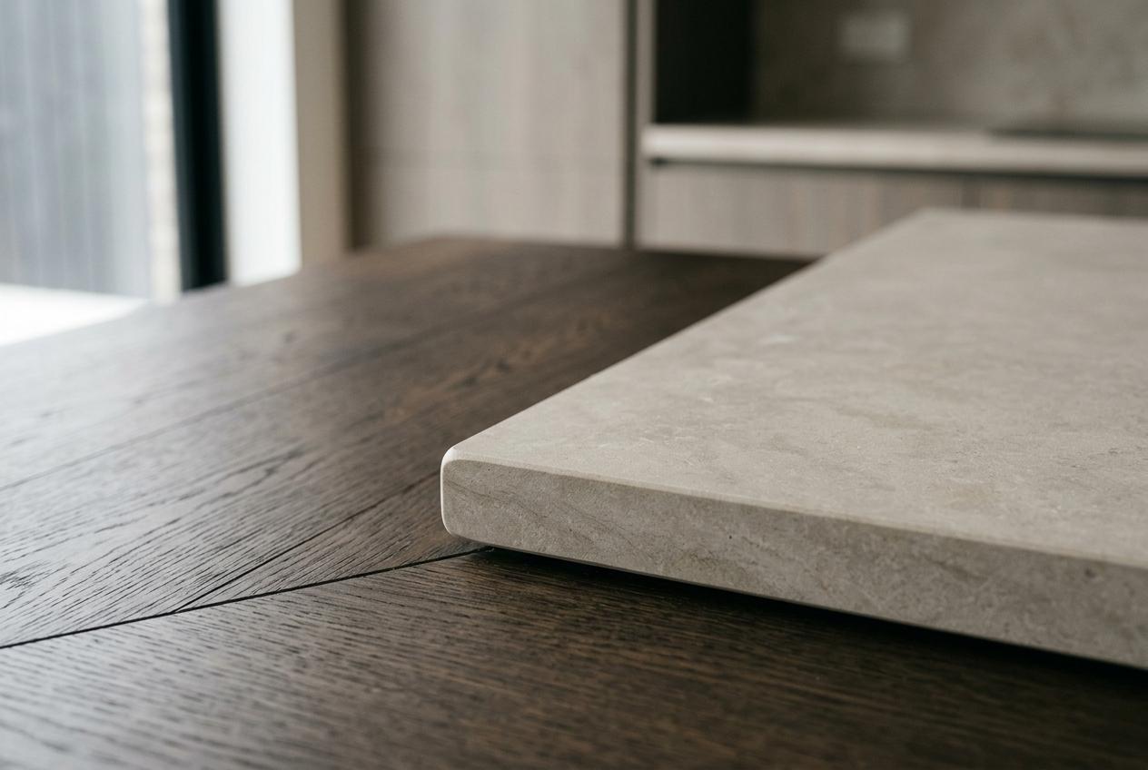 Honed limestone meeting smoked oak