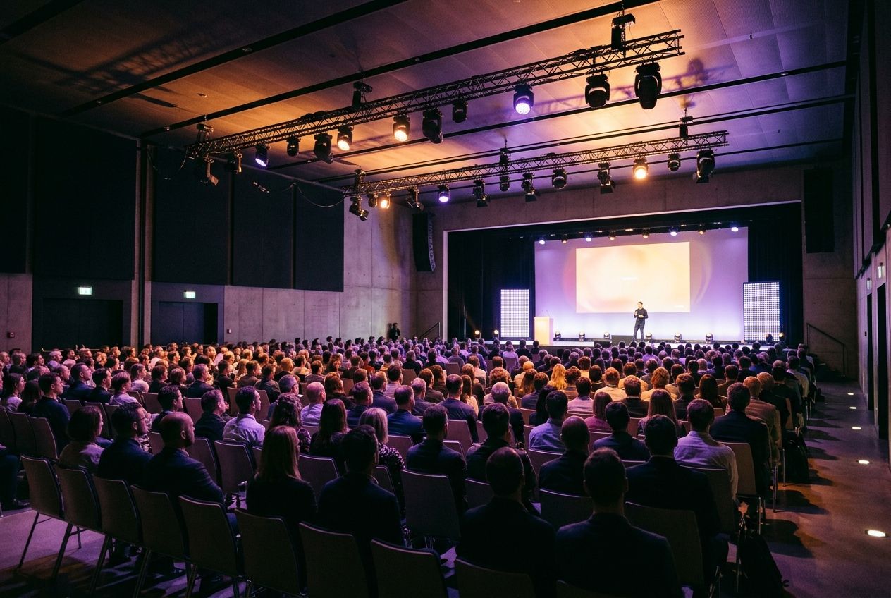 Full conference hall under a lighting rig