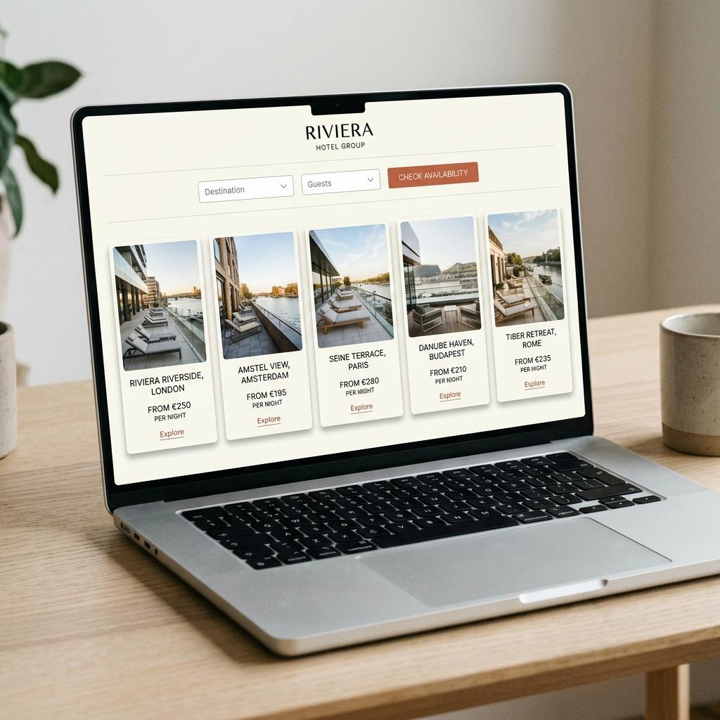 Group website with five hotel cards