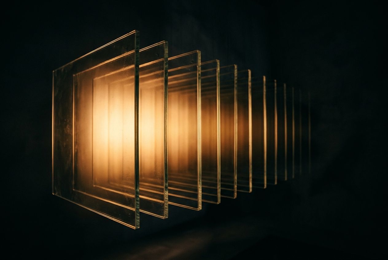 Stacked glass panels in ochre light