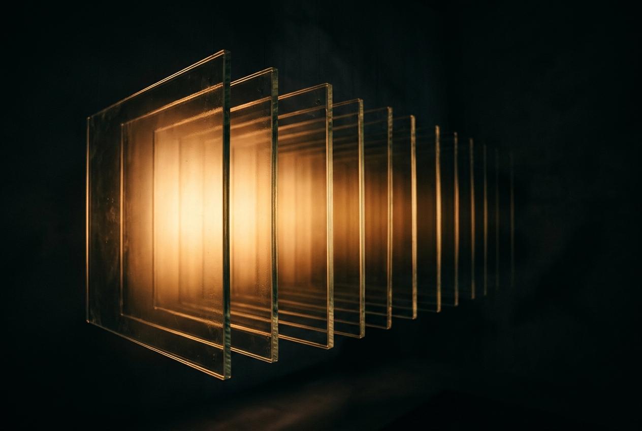 Stacked glass panels in ochre light