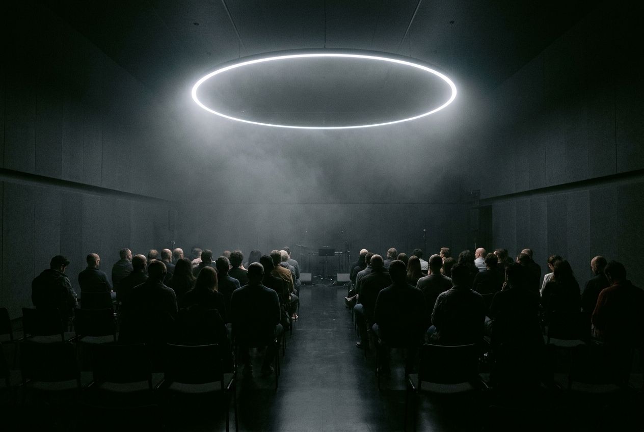 Listening room lit by a ring of white light