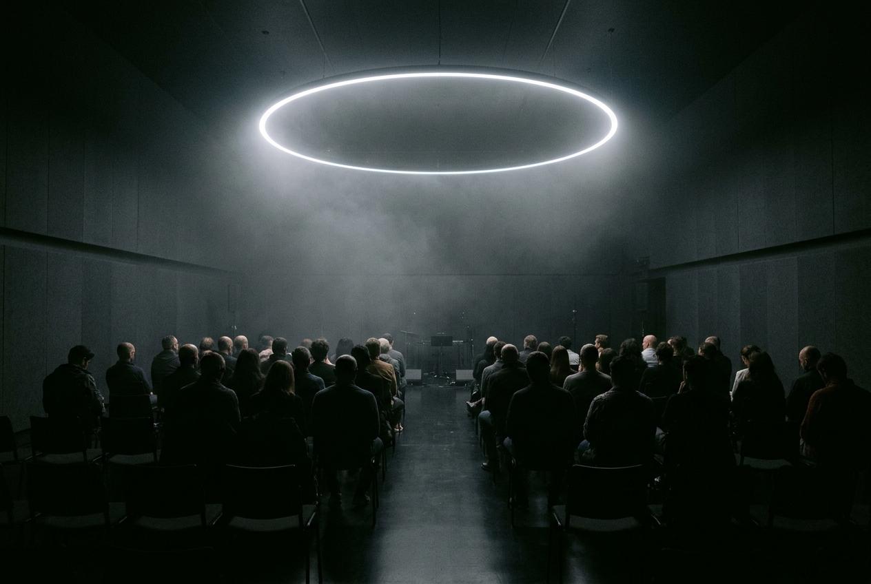 Listening room lit by a ring of white light