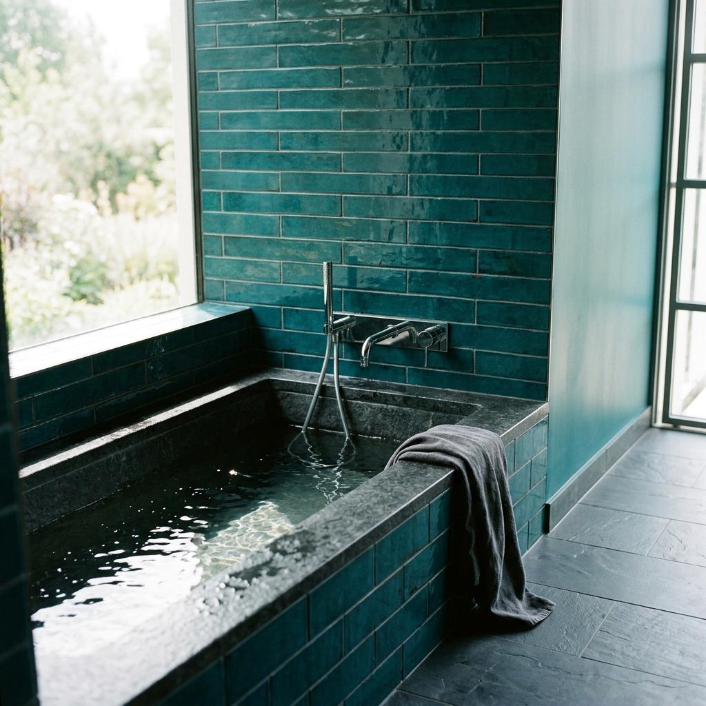 Ocean Pool route: teal-tiled bathroom