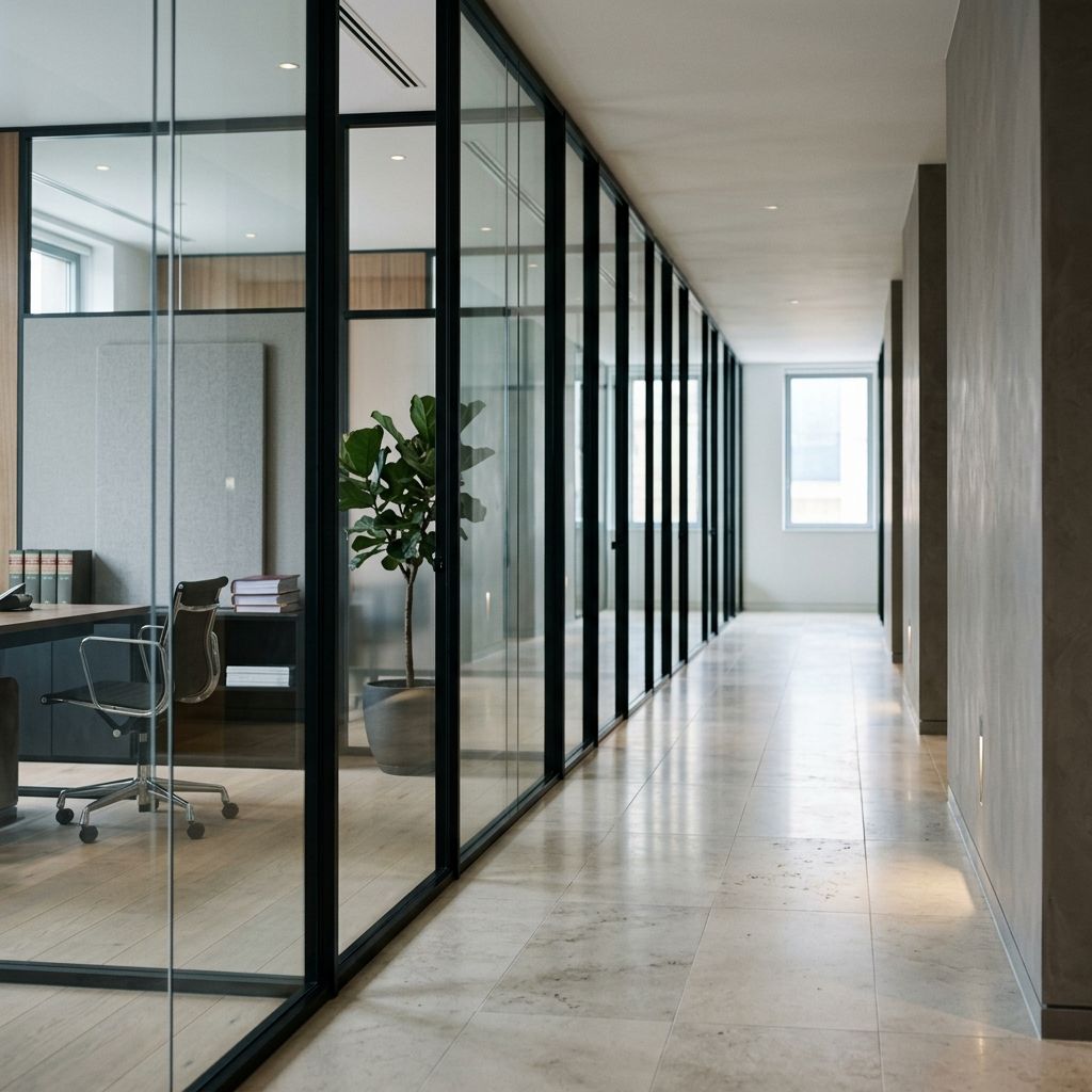 Glass-fronted partner offices along a limestone corridor