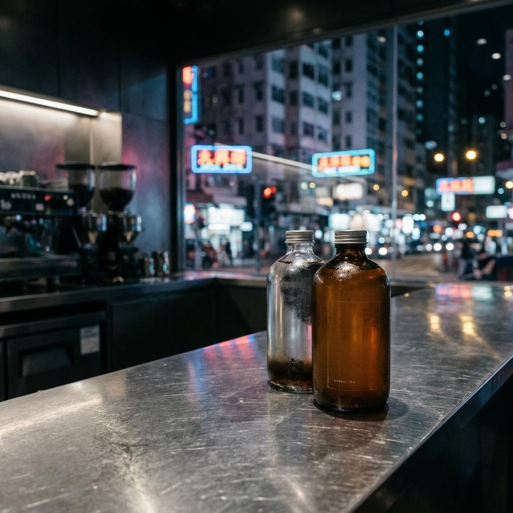 Tea bottles on a bar top under neon
